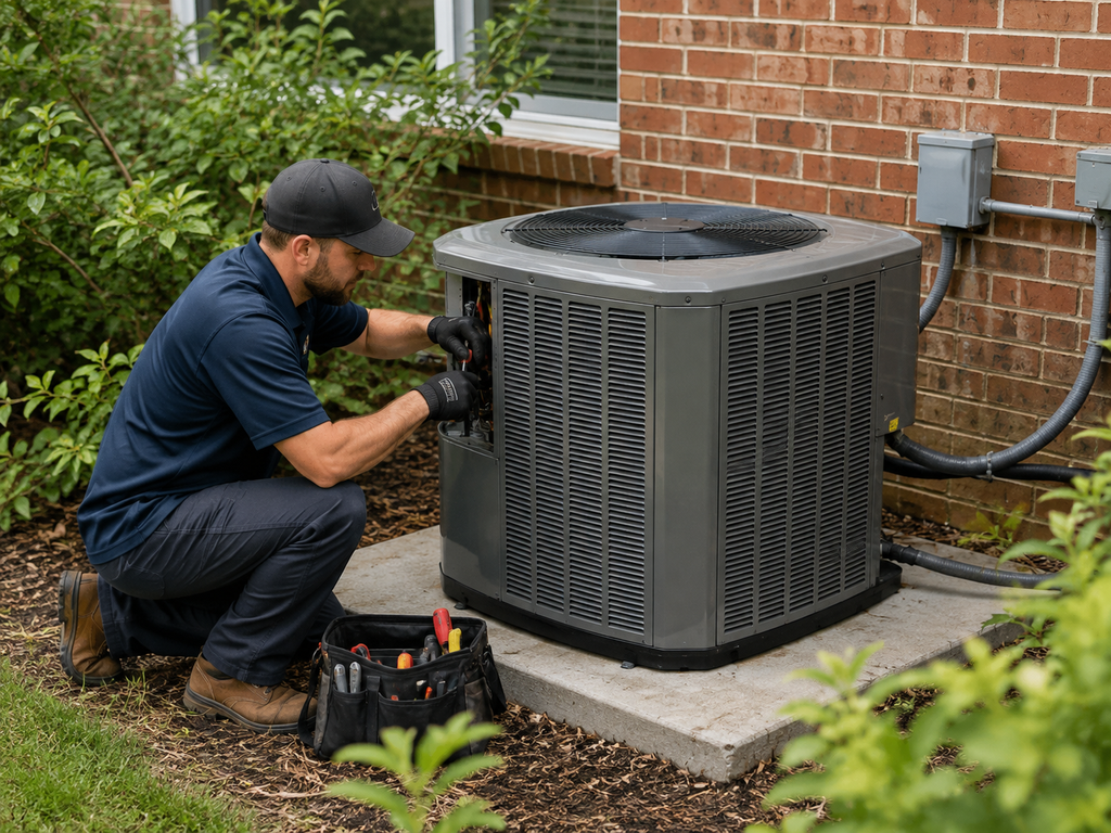 HVAC technician repairing an air conditioning system in Kingwood, TX