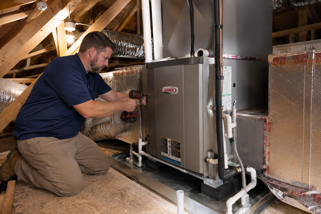 HVAC technician servicing a furnace in Kingwood, TX