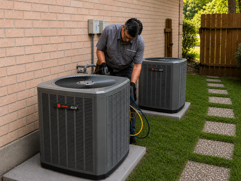 HVAC technician servicing an air conditioning system in Kingwood, TX